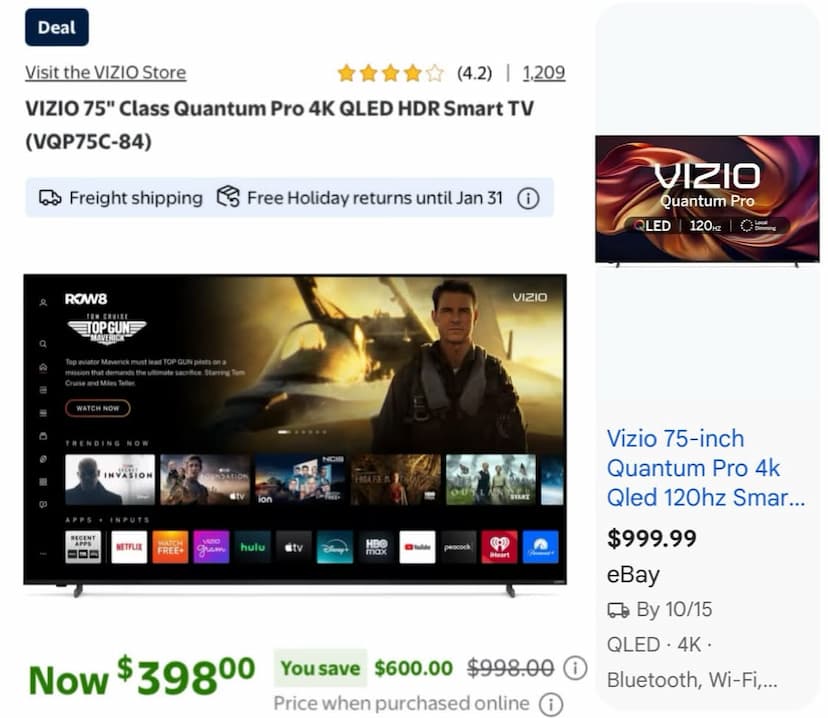 VIZIO 75" 4K 120Hz QLED Smart TV with Full Array Local Dimming (VQP75C-84) at WALMART $398.00