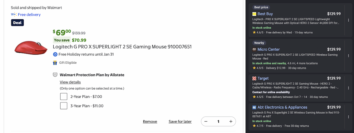 Logitech G PRO X SUPERLIGHT 2 Wireless Gaming Mouse - Red ($70.99 Off) at WALMART $139.00 - $139.00