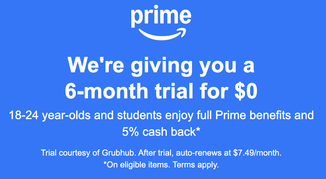 Free Amazon Prime 6 Month 18-24 Years-Olds and students