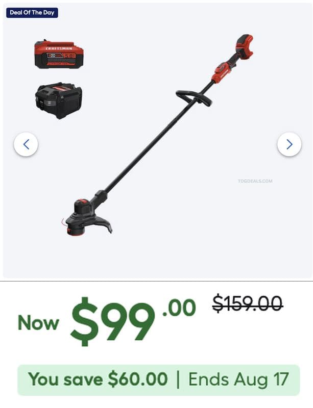 $159 CRAFTSMAN V20 STRING TRIMMER FOR $99 at LOWES $159.00 is now $99.00 - 38% OFF - $99.00 (Was $159.00)