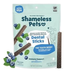 Shameless Pets Blueberry & Mint Dental Chews for Dogs, 8 Chews - Natural Dog Teeth Cleaning Treats with Fresh Breath Benefits | Grain-Free Dental Sticks for Small, Medium & Large Dogs at AMAZON $10.35 is now $2.79 - 73% OFF· AMAZON.COM - $2.79 (Was $10.35)