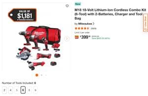 Milwaukee M18 18-Volt Lithium-Ion Cordless Combo Kit (6-Tool) with 2-Batteries, Charger and Tool Bag at MAVELYINFLUENCER $999.00 is now $399.00 - 60% OFF· MAVELYINFLUENCER.COM - $399.00 (Was $999.00)