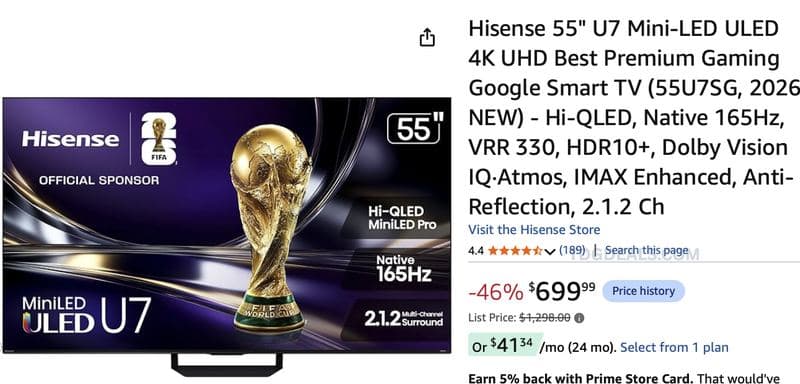 $699.99 HISENSE U7 MINI-LED ULED 4K UHD TV at AMAZON $699.99 - $699.99