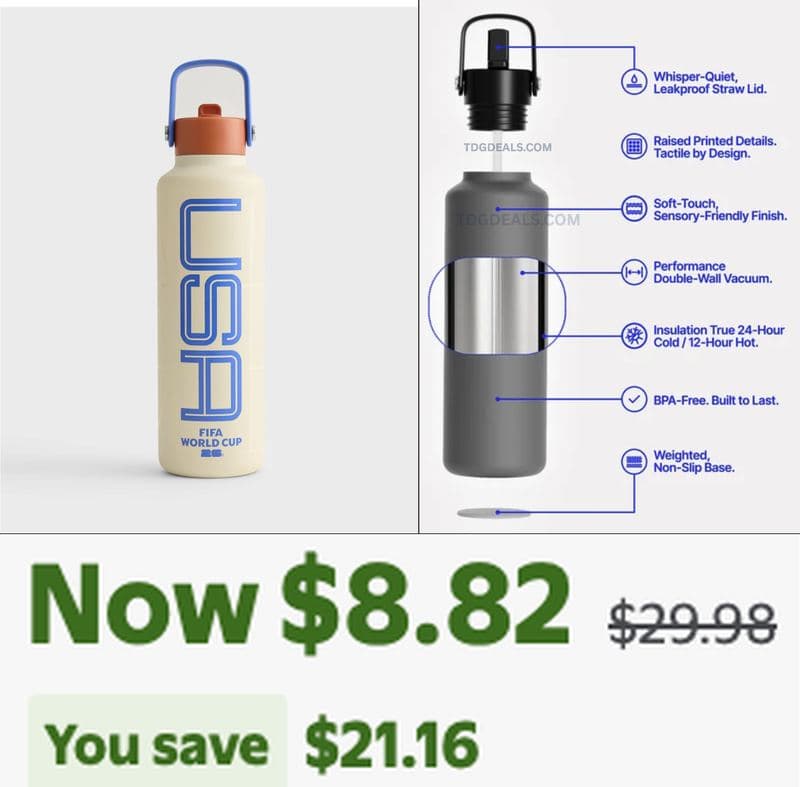 $29.98 FIFA WORLD CUP 26 USA WATER BOTTLE FOR $8.82 at WALMRT $29.98 is now $8.82 - 71% OFF - $8.82 (Was $29.98)