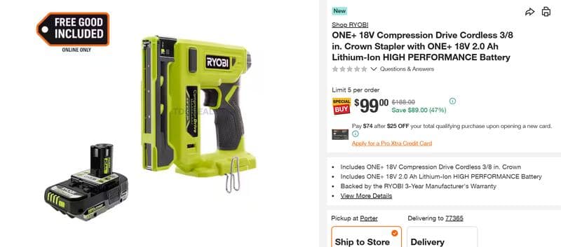 RYOBI ONE+ CROWN STAPLER KIT — $99 - $99.00