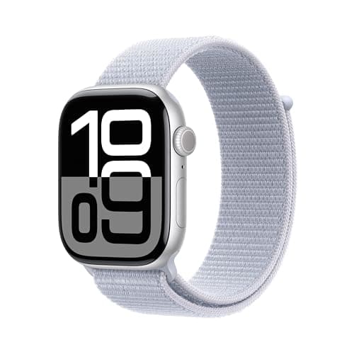 Apple Watch Series 10 [GPS 46mm case] Smartwatch with Silver Aluminum Case with Blue Cloud Sport Loop. Fitness Tracker, ECG App, Always-On Retina Display, Carbon Neutral (Used - VeryGood) FOR $234.06