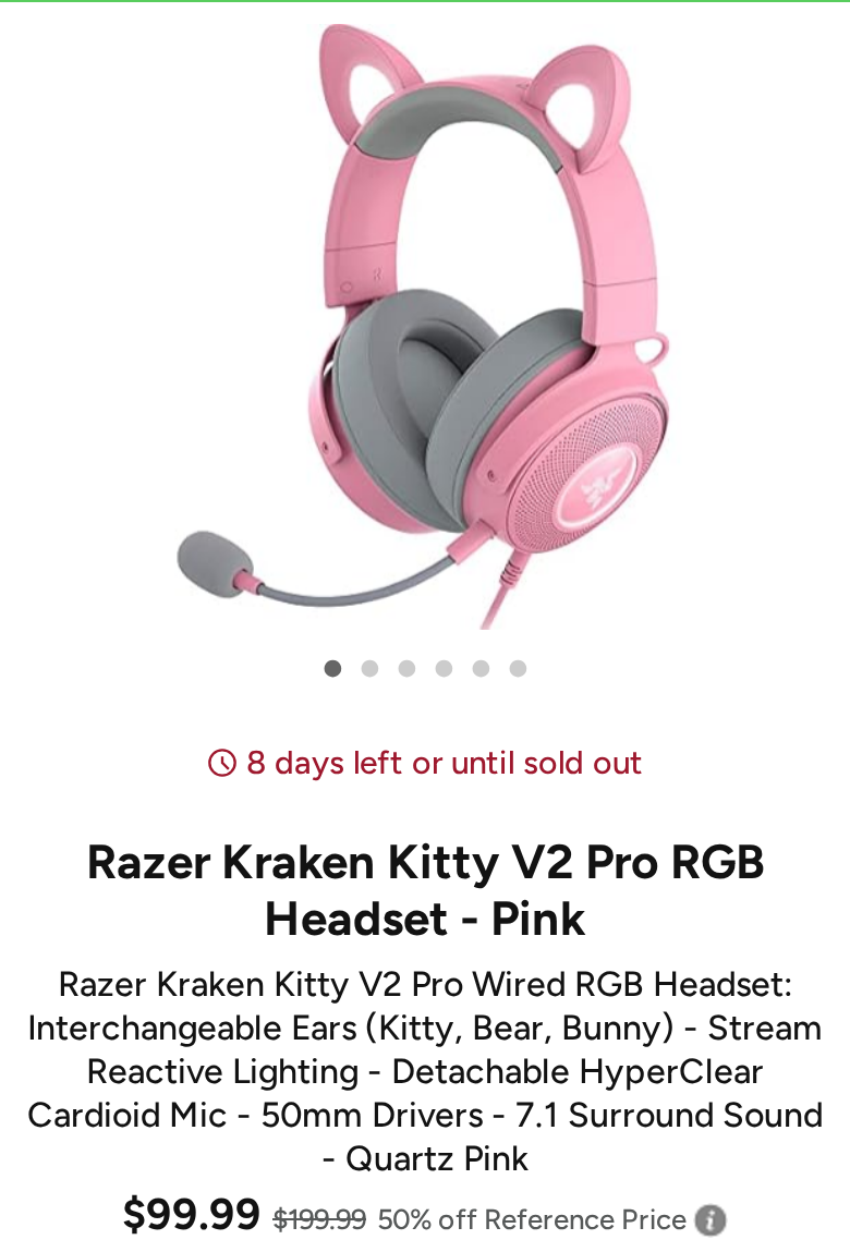 RAZER KRAKEN KITTY V2 PRO RGB HEADSET at SYLIKES $199.99 is now $99.99 - 50% OFF - $99.99 (Was $199.99)
